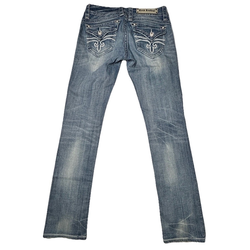 Rock Revival‎ Heather Straight 28 RJ8147T9 Fleur De Lis Stitch Jeans 32L